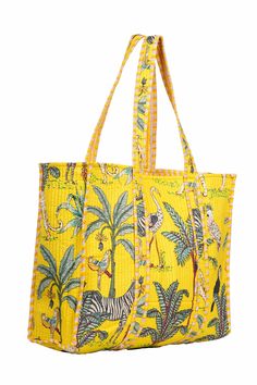 The Block Printed Cotton Tote Bags For Women's from Rajasthan India. This is completely Indian Printed on good quality cotton fabric. Cotton quilted travel Bag made by Indian Artisans, this cotton quilted shopping bag is totally unique and multi purpose. Use this for your grocery or as a travel bag. Perfect to suit all. Item:- Cotton Tote Bag Material:- 100% Cotton Color:- Same As Picture (Multicolor) Was Care:- Home Washable Style:- Tote Bag Size in Inch:- Height:-15" inch Width:- 18" inch Hand Yellow Square Satchel For Travel, Yellow Square Box Bag For Shopping, Square Yellow Box Bag For Shopping, Yellow Rectangular Bag With Top Carry Handle, Yellow Large Capacity Rectangular Shoulder Bag, Yellow Handheld Bag For Shopping, Yellow Rectangular Box Bag For Shopping, Yellow Handheld Shopping Bag, Rectangular Yellow Box Bag For Shopping