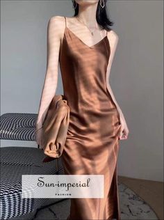 Sun-imperial Women Green Sleeveless Cami Strap V Neck Soft Satin Slip Long Dress elegant style Mideval Dress, Empire Pattern, Creative Stuff, Aesthetic Women, Satin Slip, Dressy Outfits, Clothing Hacks, Knee Length Dresses, Black Sleeveless