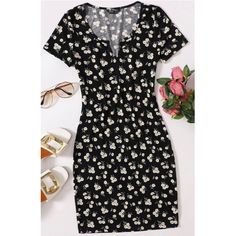 Mini Dress Featuring A Ditsy Floral Print, A Notched Neckline, Short Sleeves, And A Bodycon Silhouette. Size: Medium Color: Black 100% Polyester Slight Stretch Casual Black V-neck Bodycon Dress, Black V-neck Bodycon Dress For Spring, Black Floral Print Mini Bodycon Dress, Casual Black Bodycon Dress For Spring, Spring Black Floral Print Bodycon Dress, Casual Floral Print Bodycon Dress For Spring, Casual Mini Length Bodycon Dress With Floral Print, Fitted V-neck Dress With Daisy Print, Fitted V-neck Daisy Print Dress