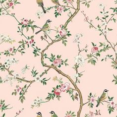 Agatha Wallpaper - Painted Paper Agatha Wallpaper, Blush And Green Floral Wallpaper, Bathroom Wallpaper Pink Floral, Rose Pink Wallpaper, Branch Wallpaper, Luxury Baby Nursery, Wallpaper Childrens Room Floral, Portland Apartment, Soft Pink Background