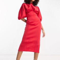 Dresses By Asos Design The Kind Of Dress That Deserves Attention High Neck Puff Sleeves Zip-Back Fastening Kick Split Slim Fit Red Puff Sleeve Midi Dress For Spring, Chic Red Puff Sleeve Midi Dress, Chic Red Midi Dress With Puff Sleeves, Elegant Red Midi-length Puff Sleeve Dress, Elegant Red Midi Puff Sleeve Dress, Elegant Red Puff Sleeve Midi Dress, Red Fitted Puff Sleeve Dress For Spring, Chic Red Puff Sleeve Dress For Evening, Elegant Red Knee-length Puff Sleeve Dress