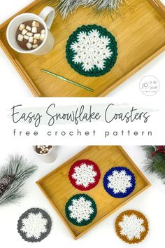 crocheted snowflake coasters on a tray with pine cones and marshmallows