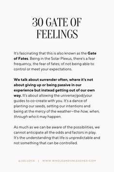 an advertisement with the words 30 gate of feelings written in black and white on it