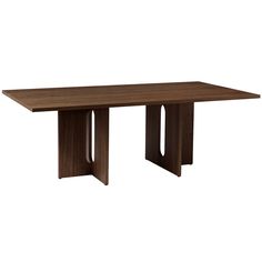 a wooden table with two legs and a square shaped design on the top, against a white background