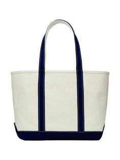 a white and blue tote bag is shown on a white background with black trim