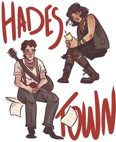 an image of two people that are playing the same musical instrument and text reads, hades town