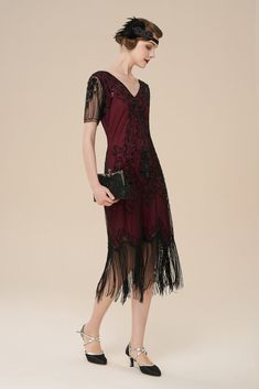 Flapper Style V-neck Evening Dress, Fitted Fringe Flapper Dress, Evening V-neck Flapper Dress, Red Gatsby Evening Dress, Vintage Beaded Fringe Flapper Dress, Vintage V-neck Flapper Dress For Evening, Fitted Flapper Dress With Fringe For Evening, Fitted Fringe Flapper Dress For Evening, Evening Gatsby Style V-neck Flapper Dress