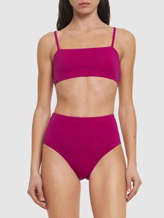 Elastic waistband. Model is wearing a size38 Pink Fitted Bandeau Bottoms, Pink Fitted Cropped Swimwear, Fitted Bandeau Swimming Bottoms, Fitted Cropped Beachwear Bottoms, Versace Brand, Flat Espadrilles, Swim Accessories, Heeled Loafers, Shearling Jacket