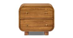 a wooden nightstand with two drawers on one side and an open drawer on the other