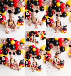 a collage of photos showing a baby in mickey mouse costume surrounded by balloons and decorations