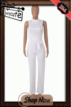 Elegant O Neck Sleeveless Lace Up Straight Jumpsuit Fitted Sleeveless White Jumpsuits And Rompers, White Fitted Sleeveless Jumpsuits And Rompers, 20 % Off, 1 Million, Jumpsuit, Lace Up, Lace