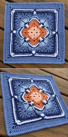 crocheted square with an orange and blue design on the center, sitting on top of a wooden table