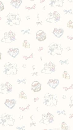 a white wallpaper with pastel pink and blue doodles