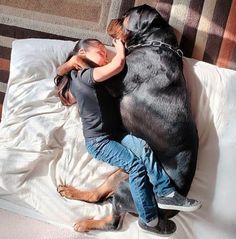 a woman laying on top of a bed next to a large black dog