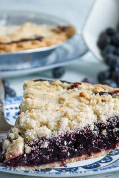 a slice of blueberry crumb pie on a plate