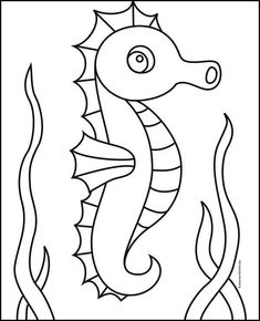 a sea horse is shown in this black and white drawing, it's very easy to draw