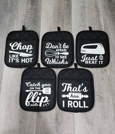 "Black vinyl kitchen non-slip pot holders with cute/funny sayings. These would make a great addition to any kitchen or a great gift!  Pot holders are made of polyester, cotton, and silicone. Vinyl lettering. Pot holders measure 7\" X 9\".  They have a pocket, so it can also be used as oven mitt.  Can be used for holding hot dishes or as hot pads to protect surfaces. *Note: Do not rest hot items on the vinyl side of the pot holder. Machine wash on cold and let air dry. Do not iron. Thanks for loo Funny Oven Mitt Sayings, Gifts To Make With Cricut, Oven Mitts Gift, Company Gifts, Vinyl Siding, Oven Mitts, Crafts For Girls, Cricut Craft Room, Craft Work