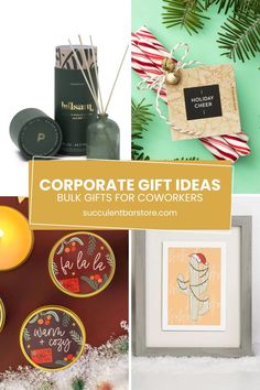 christmas gifts for coworkers are featured in this collage with the words corporate gift ideas