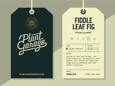 two tags that say fiddle leaf fig and plant garage, with the words fiddle leaf fig on