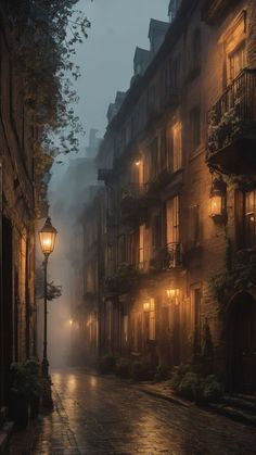 an empty city street at night with lights on and fog in the air above it