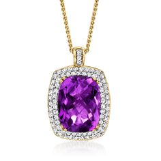 Ross-Simons - 9.50ct Amethyst Pendant Necklace, .98ct t. w. Diamonds. 16". Showcasing a spectacular, vivid purple, this superb 9.50 carat rectangular cushion-cut amethyst pendant necklace is beyond impressive. Sparkling with a .98 ct. t. w. round brilliant-cut diamond frame and set in polished 14kt yellow gold with a decorative, dimensional setting - it is an instant heirloom that will be treasured. Suspends from a wheat chain. Lobster clasp, diamond and amethyst pendant necklace. Amethyst birth Amethyst Pendant Necklace, Amethyst Necklace Pendant, Necklace Amethyst, Diamond Frame, Amethyst Color, Natural Gold, I Love Jewelry, Amethyst Pendant, Round Brilliant Cut Diamond