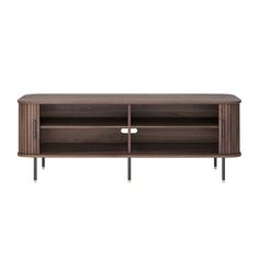 an entertainment unit with two doors and three shelves on one side, in walnut wood