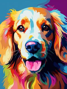 a painting of a dog's face on a blue and purple background with the image of a golden retriever