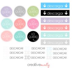 a set of different colored labels with the words descargarr and curio on them