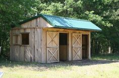 an outhouse with two doors and a green roof