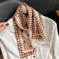 A beautiful layering piece! High quality 100% Polyester Dry clean or hand wash cold with light colors, lay flat to dry, iron on lowest setting if needed, do not bleach. Ribbon Pattern, Silk Fashion, Satin Bags, Fashion Scarf, Printed Ribbon, Scarf Women, Neck Ties, Fashion Pattern, Layering Pieces