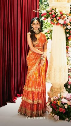 Haldi Outfit Design For Bride, Hot Pink Traditional Outfits, Orange Haldi Outfit For Bride, Ambani Wedding Celebrity Outfits, Ambani Wedding Outfit, Haldi Bridesmaid, Pink Orange Lehenga, Pink Orange Saree, Haldi Looks