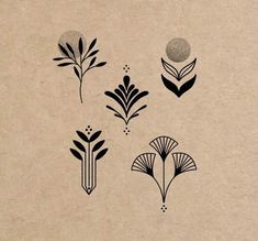 four black and white flower designs on a piece of brown paper with the words,