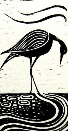 a black and white drawing of a bird standing in the water with it's beak open