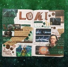 the inside of a book with pictures and words on it, including an image of loki