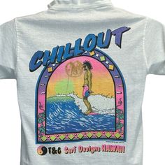 "T&C Surf Designs Chill Out Vintage 80s T Shirt 1987 Surfer Surfing Surfboarding Surfboarder Hawaiian Town & Country White Fun Tees Single Stitch Made In USA Graphic Tee Condition: Has holes, collar is stretched, has spots, and a cat was drawn on the graphic. Tag is a Small but I feel it measures more similar to a modern X-Small. Check measurements to ensure fit. See photos. Size and Measurements: Mens/Unisex XS X-Small Extra Small Width 16.5\" - Underarm to underarm Length 25.5\" - Measure from top of shoulder at the edge of collar to the bottom of the shirt" 80s Surfer Style, 90s Graphic Print Surfing Tops, 90s Graphic Print Tops For Surfing, Vintage White T-shirt For Surfing, 80s T Shirts, Designs T Shirt, Surfing Graphic, Surfing Hawaii, Rush Shirts