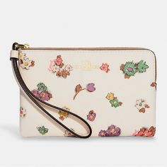 Color : Gold/Chalk Multi Product Details Printed Coated Canvas And Smooth Leather Two Credit Card Slots Zip-Top Closure, Fabric Lining Wrist Strap Attached 6 1/4" (L) X 4" (H) X 1/2" (W) Style No. Ca735 Floral Field, Blue Coach, Wrist Wallet, Teal Leather, Id Wallet, Coach Wallet, Signature Canvas, Coach Wristlet, Colored Leather