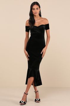 Slip into the Lulus How Much I Care Black Velvet Off-the-Shoulder Midi Dress and dance the night away! Soft and stretchy velvet shapes this stunning dress that features a sweetheart neckline (with hidden no-slip strips) and a darted bodice, framed by short off-the-shoulder sleeves. High, fitted waist tops a figure-flattering midi skirt with a trumpet silhouette and a ruffled, high-low hem. Fit: This garment fits true to size. Length: Mid-calf length. Size medium measures 47.5" from top to bottom Prom Dress Shops, Masquerade Outfit Ideas, Masquerade Outfit, Trumpet Silhouette, Dress Shops, High Low Midi Dress, 30 Outfits, Velvet Midi Dress, Prom Dress Shopping