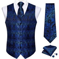 Color: Royal Blue -Silk -Imported -Button Closure -Gift Setpackage Included: Teal Paisley Vest*1 + Matching Necktie*1 + Pocket Square*1 + Cufflinks*2. Our Men's Suit Vest And Tie Set Is A Great Gift For Valentine's Day, Halloween, Father’s Day, Christmas, Thanksgiving Day, Anniversary, Graduation, Etc. -Designsleeveless, V-Neck, 6 Buttons, Full Back Paisley Waistcoat. The Strap And Buckle On The Back To Tighten The Size,So You Can Wear It In All Seasons. Woven Jacquard Vest And Necktie Set For M Blue Suit Vest, Business Vest, Wedding Waistcoats, Tuxedo Vest, Pattern Motif, Mens Suit Vest, Necktie Set, Vest And Tie, Formal Suit