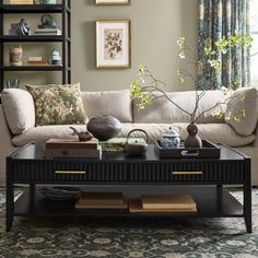 a living room with a couch, coffee table and bookshelf in the corner