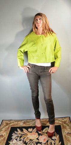 Totally 80s Day glow Neon green Esprit crop jacket, fully lined but lightweight, like a spring jacket. Fits like a medium or large. Excellent condition. All measurements taken while garment is laying flat. shoulders 17.5 inches armpit to armpit 21 inches (42 around) waist 21 inches (42 around) nape to hem 19 inches (38 inches) sleeves 21 inches Spring Cropped Jacket With Pockets, Green Spring Blazer With Pockets, Spring Green Blazer, Spring Green Blazer With Pockets, Green Long Sleeve Blazer For Spring, Vintage Cropped Outerwear For Spring, Green Spring Outerwear With Pockets, Fitted Green Outerwear For Spring, Casual Green Spring Blazer