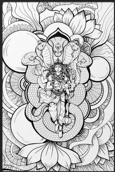 an intricate coloring page with the image of a woman surrounded by snakes and lotuses