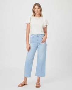 This modern ultra high-waisted wide leg has an easy, relaxed fit and an ankle length silhouette. Cut from our TRANSCEND VINTAGE denim, this bright icy blue wash has the look of authentic vintage denim but is incredibly comfortable with plenty of stretch and recovery. | Anessa Wide Leg Jean - Martini Blue | Size 24 Chic Light Wash Cropped Jeans For Everyday, Spring Light Wash Jeans For Elevated Casual Occasions, Trendy Flare Jeans For Elevated Casual, Elevated Casual High Rise Jeans For Spring, High Rise Versatile Flare Jeans For Spring, Spring High Rise Versatile Flare Jeans, Spring Versatile High-rise Flare Jeans, Relaxed Fit Flare Jeans For Spring, Versatile Spring Flare Jeans For Everyday