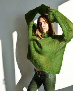 Hello, I'm the one, who won't let you down - green mohair turtleneck sweater. I will comfort you, keep you warm and will make you smile. I'm 100% hand made and proud of that. I consist of 70% italian kid mohair and 30% of nylon, which makes me incredibly natural. I'm quite unique as could be worn all year long. I'm in one size and one size fits all because my measurements are : ❤️ Width -63 cm ❤️ Lengths -65 cm If you would like me in other size, you could request a custom order with your own pa Cozy Hand-knitted Green Sweater, Cozy Hand Knitted Green Sweater, Oversized Green Turtleneck Sweater, Green Soft Knit Turtleneck Sweater, Green Mohair Cozy Sweater, Cozy Green Mohair Sweater, Green Mohair Knitted Sweater, Oversized Mohair Turtleneck Sweater, Green Mohair Winter Sweater