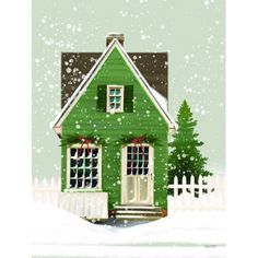 a painting of a green house in the snow