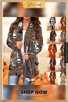 New Trend Halloween Women's Coat Digital Printing Loose Long-sleeved Sweater Casual Cardigan Fall Costume Party Long Sleeve Tops, Long Sleeve Tops For Costume Party, Fall, Long Sleeve Tops For Costume Party In Fall, Halloween Long Sleeve Cardigan, Casual Long Sleeve Halloween Cardigan, Spooky Long Sleeve Tops For Fall, Orange Long Sleeve Halloween Sweater, Haunted Bathroom, Witch Wardrobe