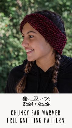 a woman wearing a headband with the text chunk ear warmer free knitting pattern on it