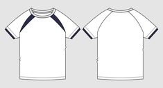 the front and back view of a white t - shirt with blue trims on it