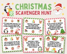 christmas scavenger hunt printables with santa claus, penguin and snowman