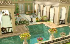 an indoor swimming pool surrounded by potted plants and flower pots on either side of it