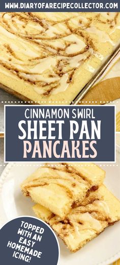 cinnamon swirl sheet pan pancakes on a white plate